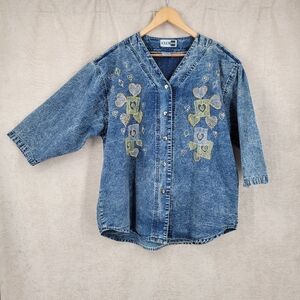 Vintage Acid Wash Blue Denim Shirt with Heart Embroidery Beaded Plus Size